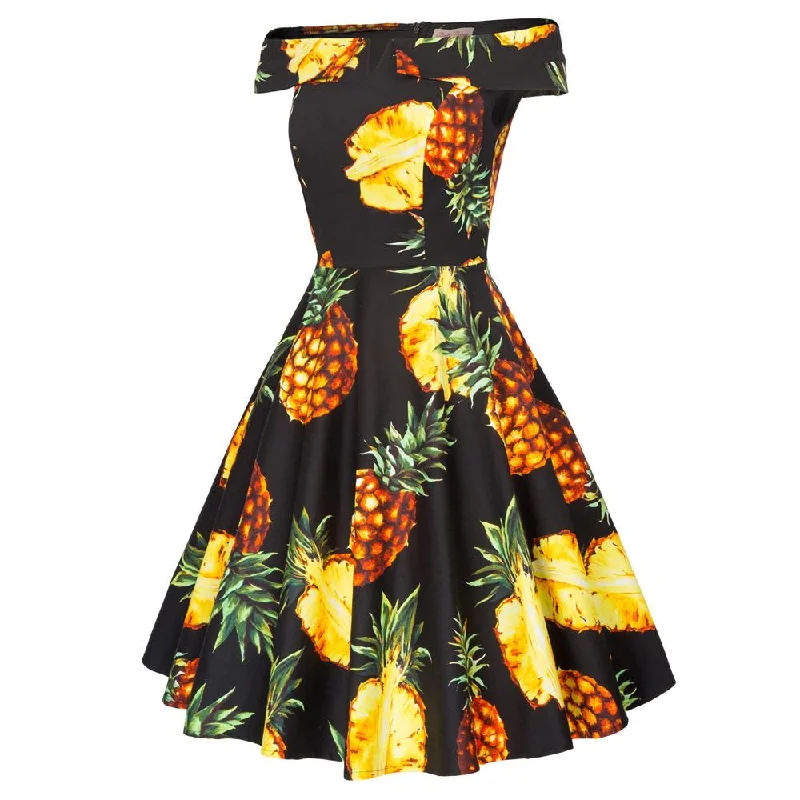 Vintage 50s Ladies Cotton Pineapple Printed Off Shoulder Dress