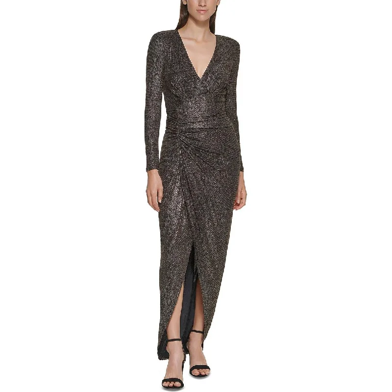 Vince Camuto Womens Petites Metallic V-Neck Evening Dress