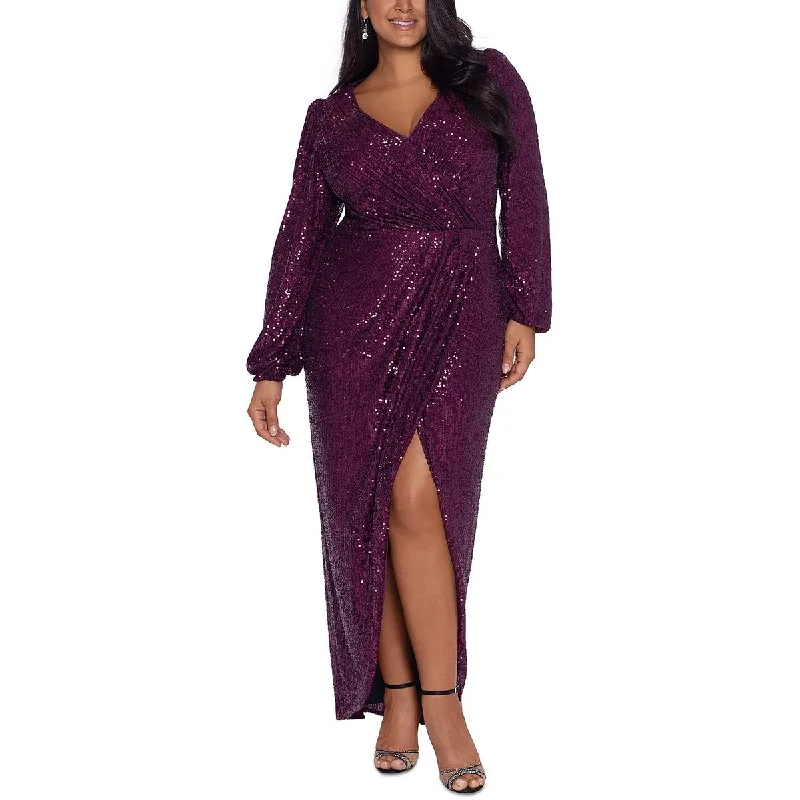 Xscape Womens Plus Sequined Surplice Evening Dress