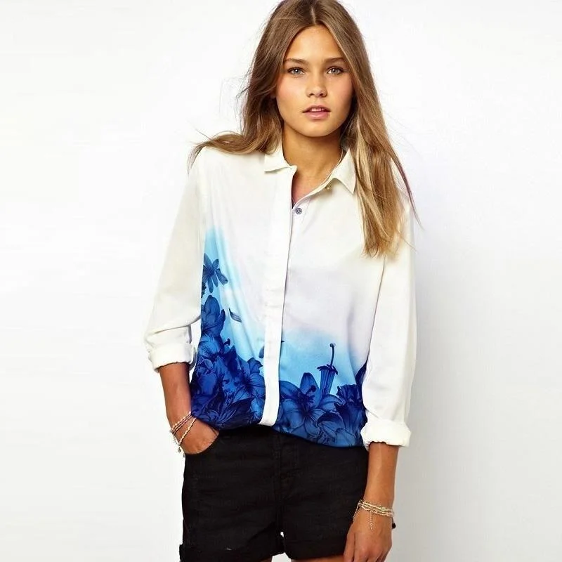 Women's Chiffon Long Sleeve Floral Gradient Printed Shirt with Button