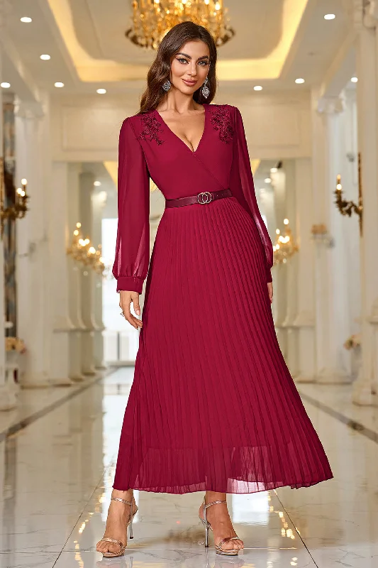 Burgundy A Line V Neck Pleated Appliques Belted Prom Dress with Long Sleeves