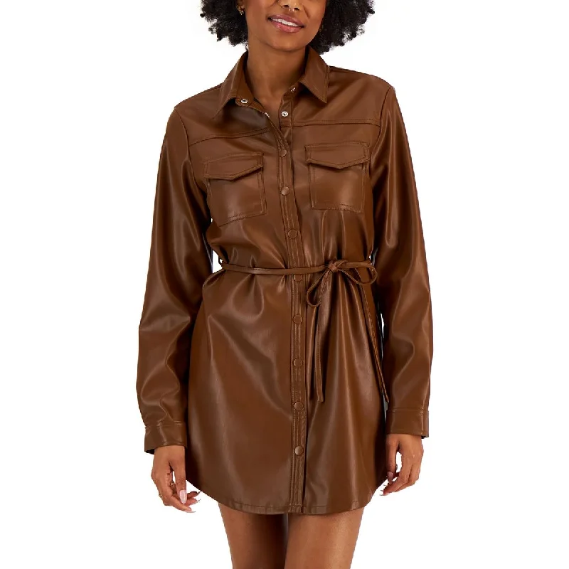 Kit & Sky Womens Faux Leather Snap Front Shirtdress