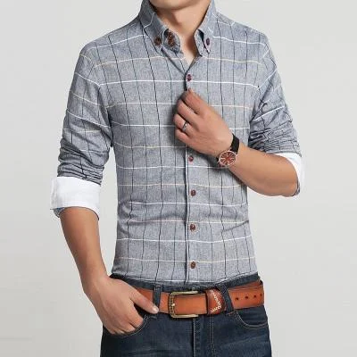 Plus Size Spring Casual Cotton Linen Slim Fit Plaid Pattern Men's Shirts